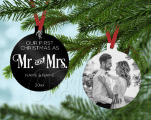 First Christmas as Mr and Mrs ball shaped photo Christmas ornament