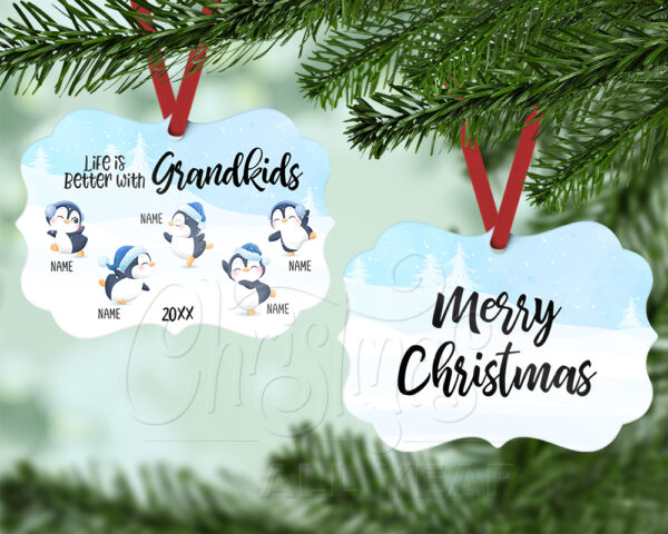 Life is Better with Grandkids Benelux Ornament personalized with five penguins