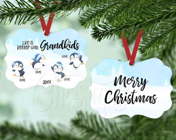 Life is Better with Grandkids Benelux Ornament personalized with four penguins