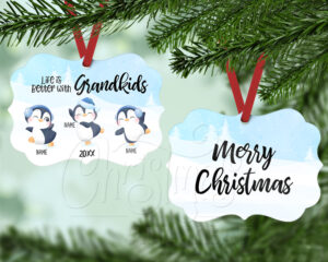 Life is Better with Grandkids Benelux Ornament personalized with three penguins