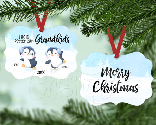 Life is Better with Grandkids Benelux Ornament personalized with two penguins