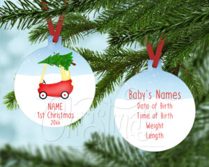 Personalized baby's first Christmas red toy car with Christmas tree Ball shaped ornament