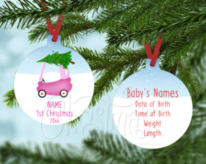 Personalized baby's first Christmas pink toy car with Christmas tree Ball shaped ornament